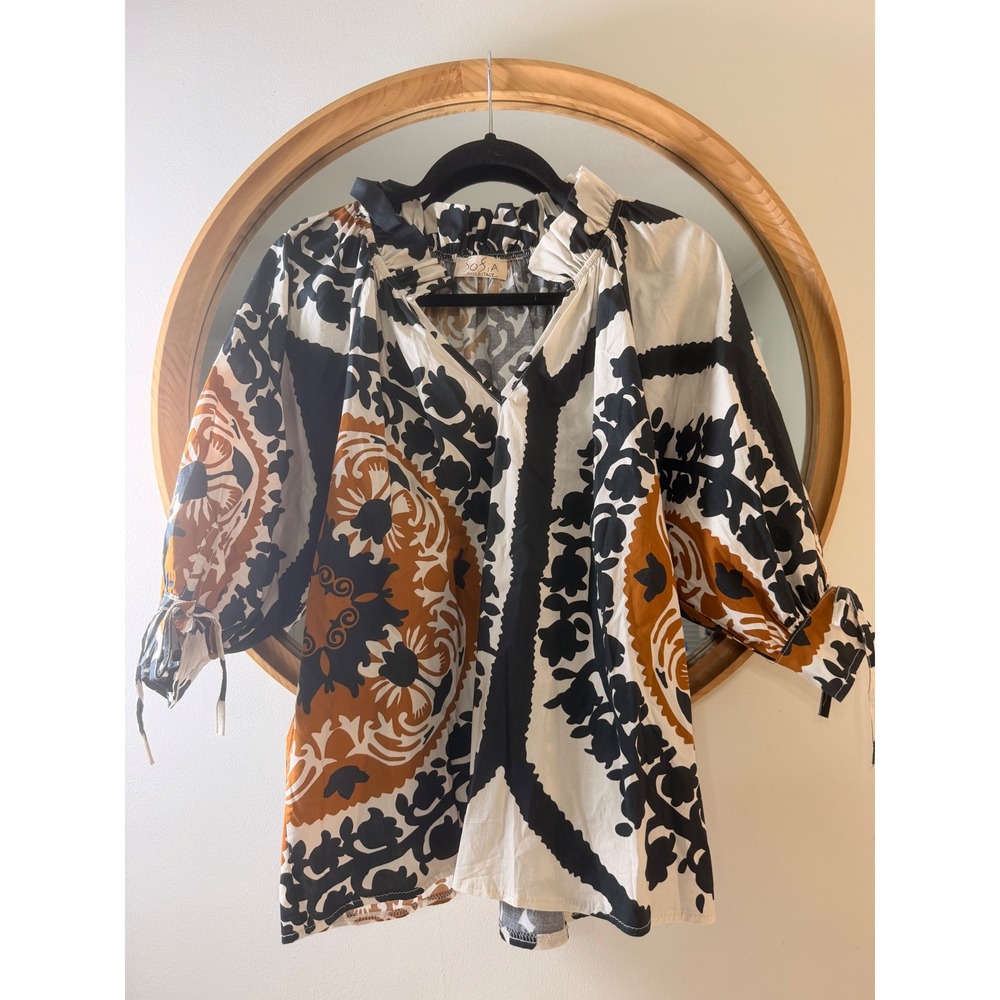 Sofia Tunic Blouse Women OS‎ White Black Ochre Excellent Italy Boho Tile Print
